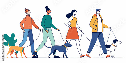 Set of people walking their pets, minimalist line art design with modern style and clean lines. People strolling with dogs, pets walking together in city park.

