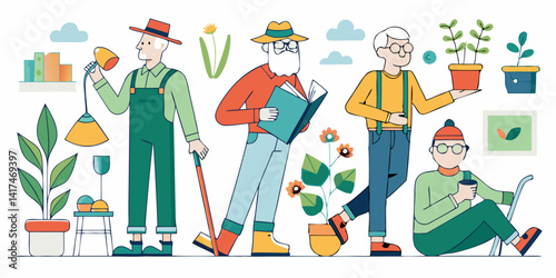 Senior man engaged in daily activities like reading, gardening, and walking, minimalist line art.