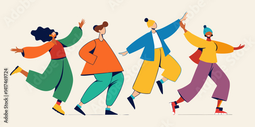 Set of people in oversized clothes, jumping and dancing, minimalist line art