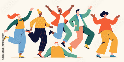 Set of people in oversized clothes, jumping and dancing, minimalist line art