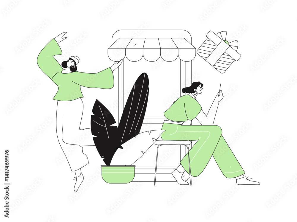 Fototapeta premium Holiday shopping people doing e-commerce online shopping flat vector concept operation hand drawn illustration 