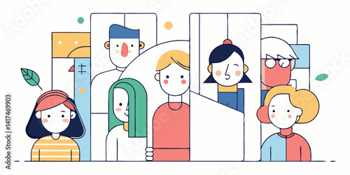 Set of people hiding and peeking around corners, minimalist line art illustration