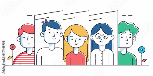 Set of people hiding and peeking around corners, minimalist line art illustration