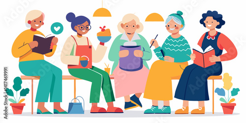 Senior women characters knitting, reading, and socializing in minimalistic space.