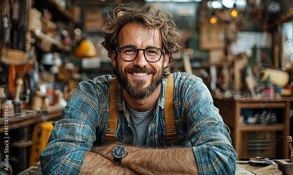 Smiling craftsman seated at wooden table in shop. Smiling craftsman seated at wooden table in shop.