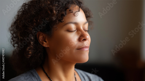 Breathwork practice in a serene space with African-American woman