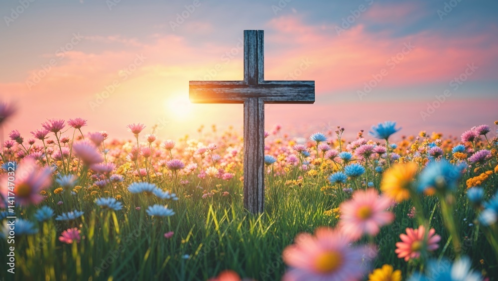 Christian cross standing in a flower field at sunset Christian cross standing in a flower field at sunset