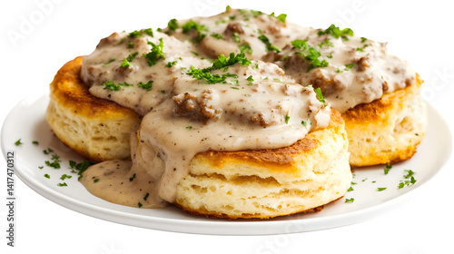 Delicious Biscuits and Sausage Gravy Isolated on White Background for Cooking Blogs and Menus