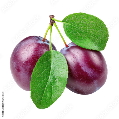 Two plums with leaves isolated on white background. Fresh and juicy plums. Healthy food concept.