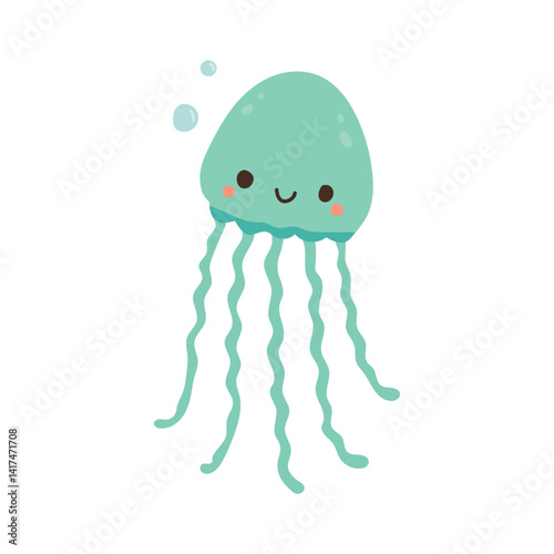 Smiling blue jellyfish with flowing tentacles and gentle bubbles, great for aquatic posters, undersea storybooks, and adorable sea animal sets.