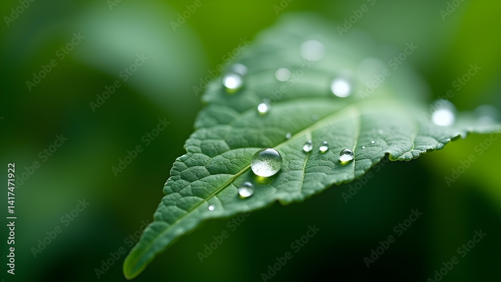 Green Leaf with Water Droplets, Fresh Natural Hydration, Vibrant Flora, Close-up Botanical Detail Green Leaf with Water Droplets, Fresh Natural Hydration, Vibrant Flora, Close-up Botanical Detail