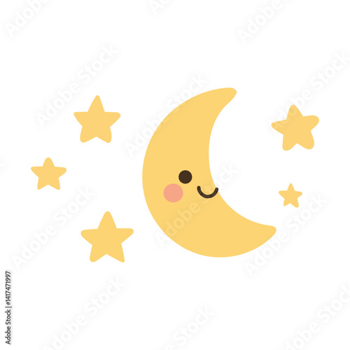Smiling crescent moon with cheerful stars in a yellow night sky, great for bedtime prints, dream-themed art, and playful celestial decor for kids.