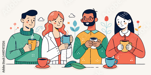 Set of people enjoying hot beverages in minimalist line art, sipping coffee and tea, cozy atmosphere, minimalist design.

