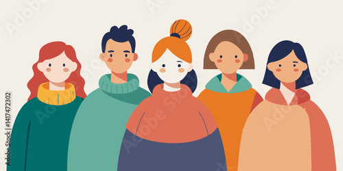 Set of people wearing cozy oversized sweaters, minimalist line art style.