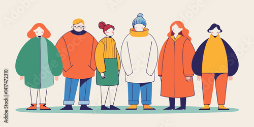 Set of people wearing cozy oversized sweaters, minimalist line art style.