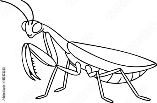 Praying mantis line drawing with raised forelegs, ideal for coloring books, tattoos, or nature art