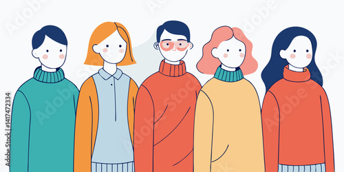 Set of people wearing cozy oversized sweaters, minimalist line art style.
