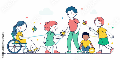 Set of disabled kids playing together, minimalist line art.

