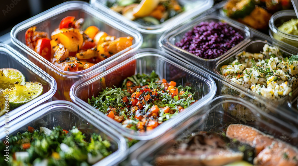 variety of colorful meal prep containers filled with fresh vegetables, grains, and proteins, showcasing healthy eating options variety of colorful meal prep containers filled with fresh vegetables, grains, and proteins, showcasing healthy eating options