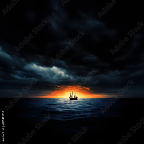 A ship sailing toward the horizon, with no land in sight, under a dark storm cloud.


