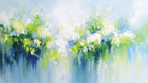 A vibrant abstract painting of blossoming flowers and foliage in light blue, white, and greens.