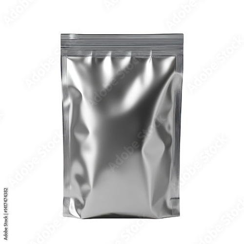 Silver foil bag mockup isolated on PNG transparent background, cut out