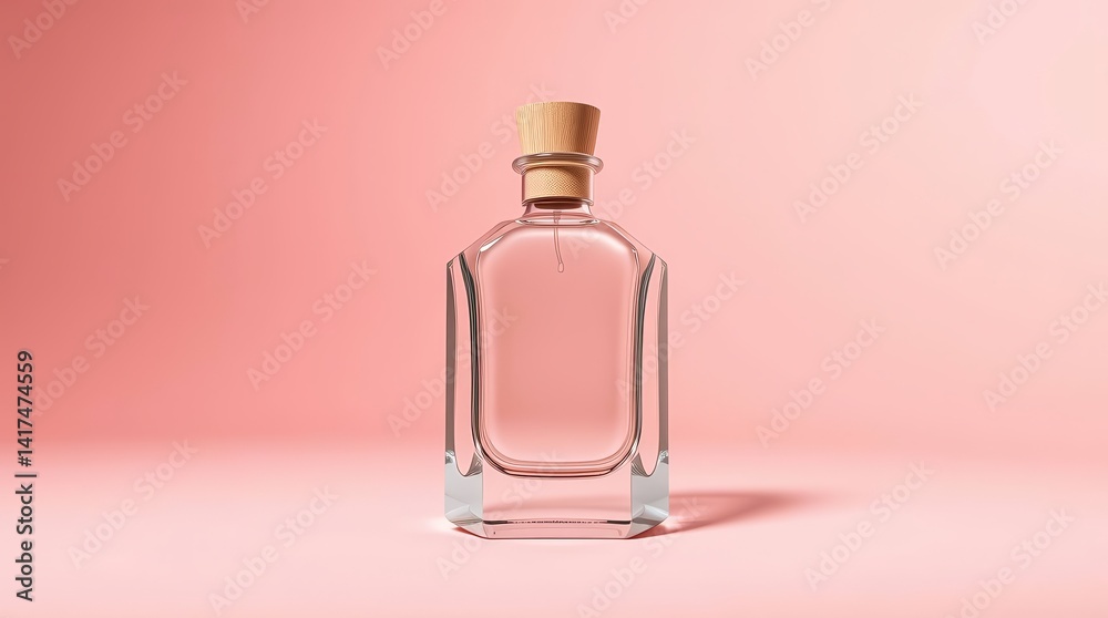 Minimalist Glass Bottle with Cork on Soft Pink Background Minimalist Glass Bottle with Cork on Soft Pink Background