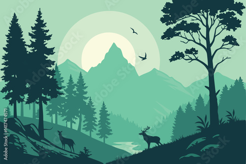 47 Mystical forest landscape, mountain range, river valley, double moon, sunset, green and teal color palette, silhouette of deer, flying birds, pine trees, misty atmosphere, dramatic lighting, fantas