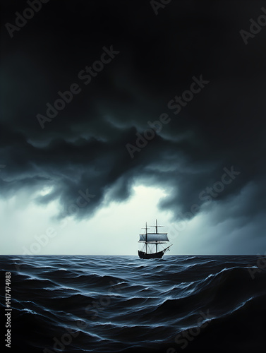 A ship sailing toward the horizon, with no land in sight, under a dark storm cloud.

