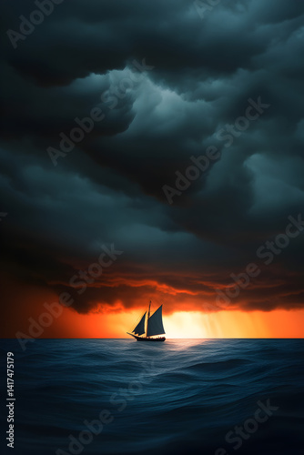 A ship sailing toward the horizon, with no land in sight, under a dark storm cloud.

