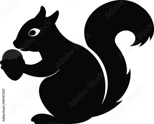 Black and White Vector of a Squirrel Holding an Acorn in Autumn Style