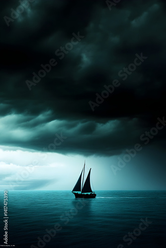 A ship sailing toward the horizon, with no land in sight, under a dark storm cloud.

