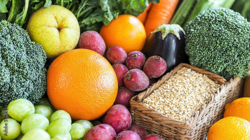Fototapeta Naklejka Na Ścianę i Meble -  colorful assortment of fresh fruits and vegetables including oranges, broccoli, and grains in basket, promoting healthy eating