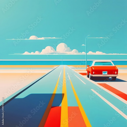 鮮やかな赤い車が水色の道を進み 爽やかな青空と雲の下を走る夏の風景画