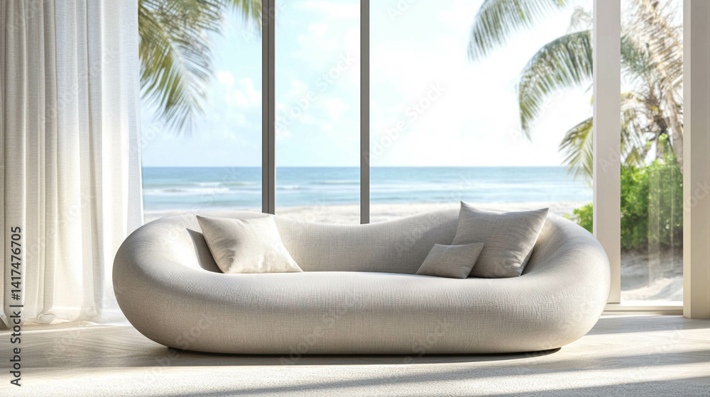 A modern curved sofa in light color in front of a bright window with a perfect blue ocean view