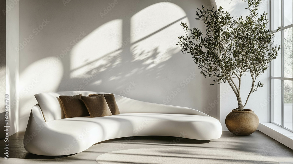 A modern curved sofa in light color with brown pillows next to a bright window and sun light reflection