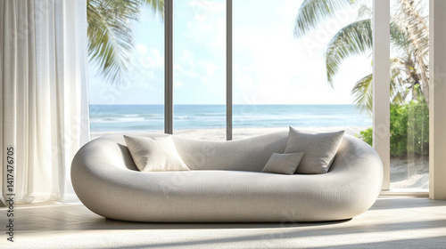 Obraz na płótnie A modern curved sofa in light color in front of a bright window with a perfect blue ocean view w salonie