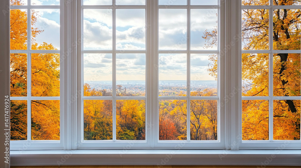 A white bright window close-up with a fall landscape view