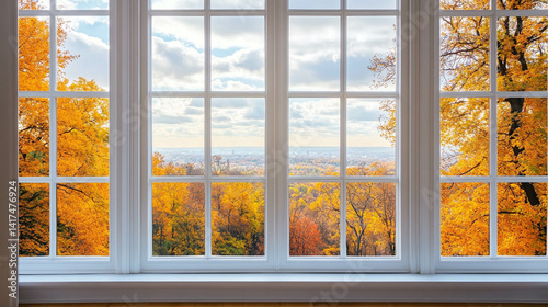Obraz na płótnie A white bright window close-up with a fall landscape view w salonie