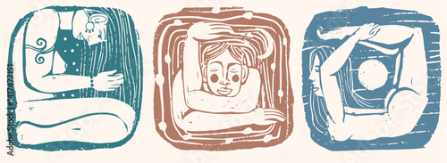 Abstract female with long straight hair, art, ink grunge printmaking, carve texture, aesthetics illustration set of human in square shape