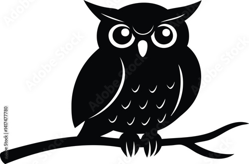 Black and white silhouette of an expressive owl on a branch, ideal for wildlife and nature graphic designs