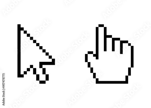 Pixelated mouse pointer and hand cursor icons, pixel art, Pixelated hand cursor, Pixelated Computer Cursors, cursor icons for games.	
