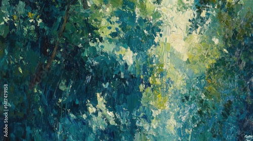 A vibrant abstract painting of a sun-drenched forest canopy.
