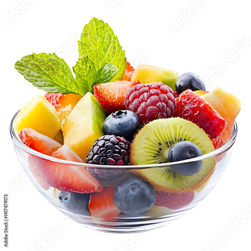 Mixed fruit salad in bowl isolated on transparent background.