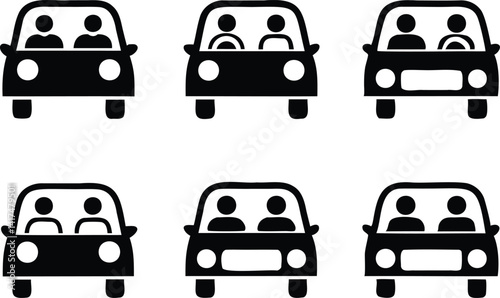 Black and white car illustration with two silhouetted passengers, part of a versatile automotive design set