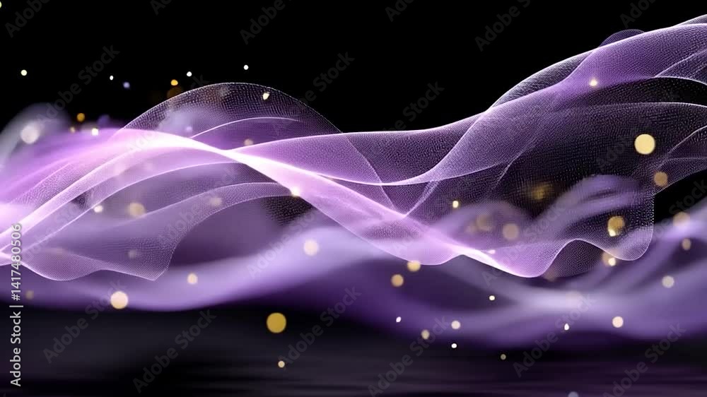 Lilac waves with bokeh lights on dark backdrop, ethereal