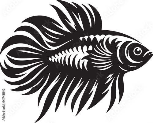 A detailed black and white illustration of a betta fish swimming gracefully to the left side