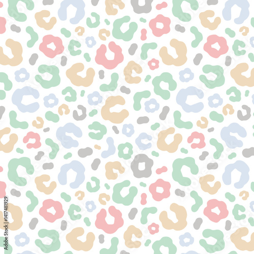 Simple pastel leopard skin print seamless pattern. Cheetah skin flat style background in retro boho colors. Hand drawn gender neutral pastel leopard print background. Cute and fun kids safari design.