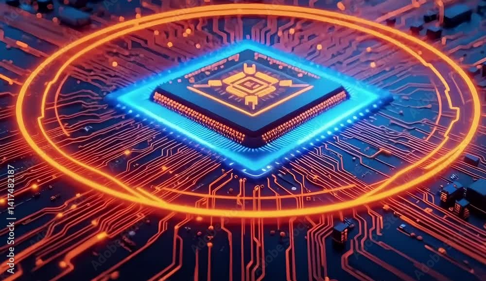 custom made wallpaper toronto digitalFuturistic Tech Animation – Neon Circuits Flowing in Blue Microchip Core, Seamless Vertical Background
