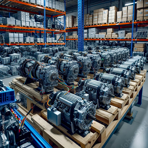 Industrial warehouse showcasing multiple electric motors organized on wooden pallets for storage and distribution